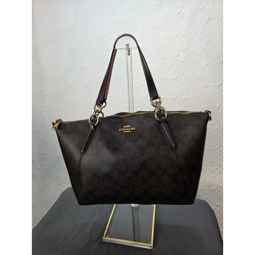 Coach Kelsey Satchel Mahogany‎ Brown Signature Canvas Leather Handbag with COA